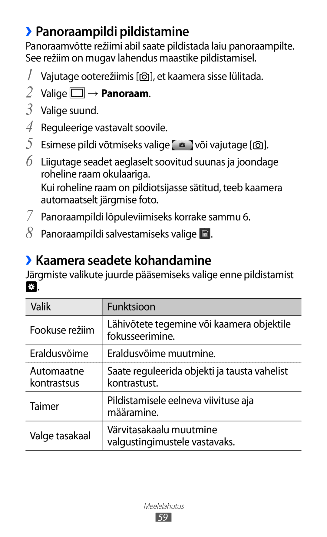 Samsung GT-S7230DWESEB, GT-S7230TAESEB manual ››Panoraampildi pildistamine, ››Kaamera seadete kohandamine, Fokusseerimine 