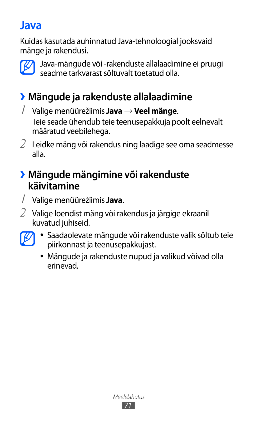 Samsung GT-S7230DWESEB manual Java, ››Mängude ja rakenduste allalaadimine, ››Mängude mängimine või rakenduste käivitamine 