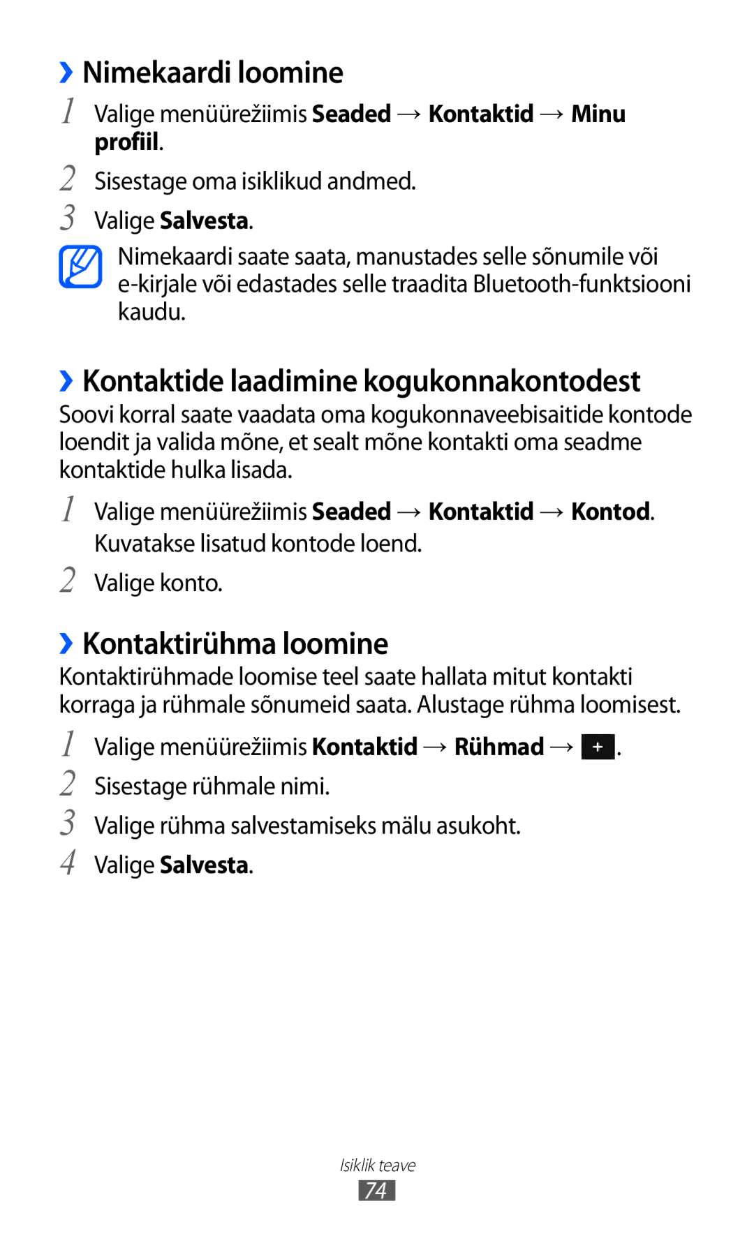 Samsung GT-S7230GRESEB, GT-S7230TAESEB, GT-S7230GRFSEB manual ››Nimekaardi loomine, ››Kontaktirühma loomine, Profiil 