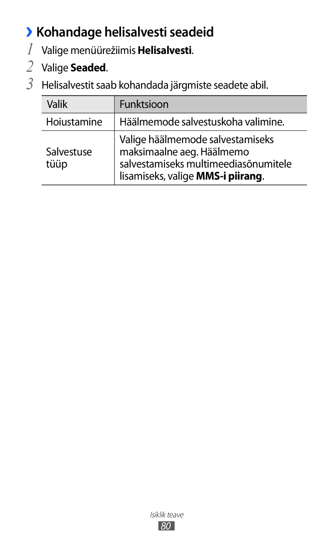 Samsung GT-S7230TAESEB, GT-S7230GRFSEB, GT-S7230GRESEB ››Kohandage helisalvesti seadeid, Lisamiseks, valige MMS-i piirang 