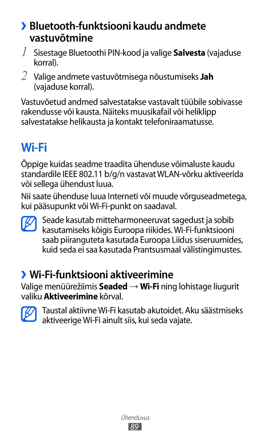 Samsung GT-S7230GRFSEB manual ››Bluetooth-funktsiooni kaudu andmete vastuvõtmine, ››Wi-Fi-funktsiooni aktiveerimine 