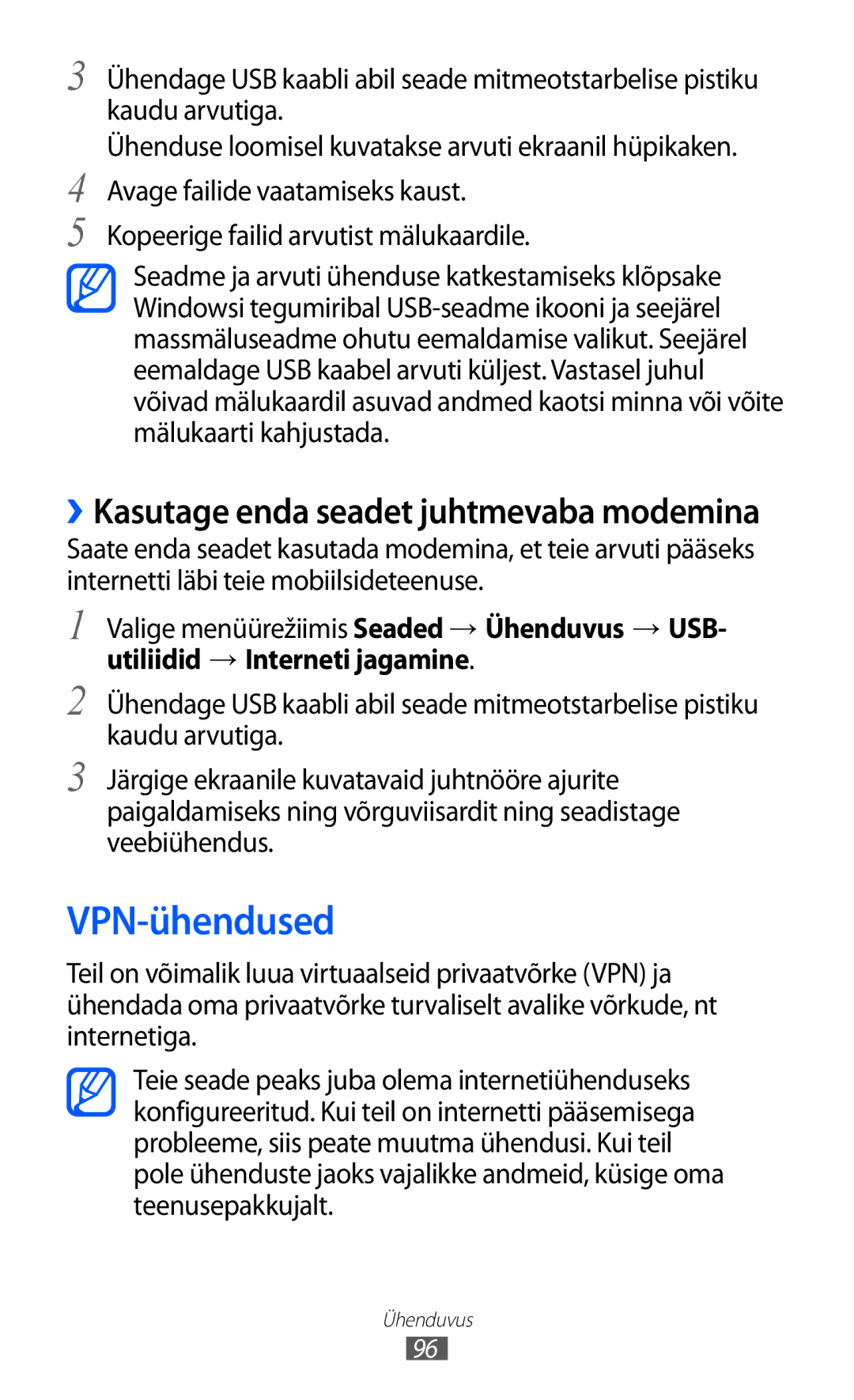 Samsung GT-S7230TAESEB, GT-S7230GRFSEB, GT-S7230GRESEB manual VPN-ühendused, ››Kasutage enda seadet juhtmevaba modemina 