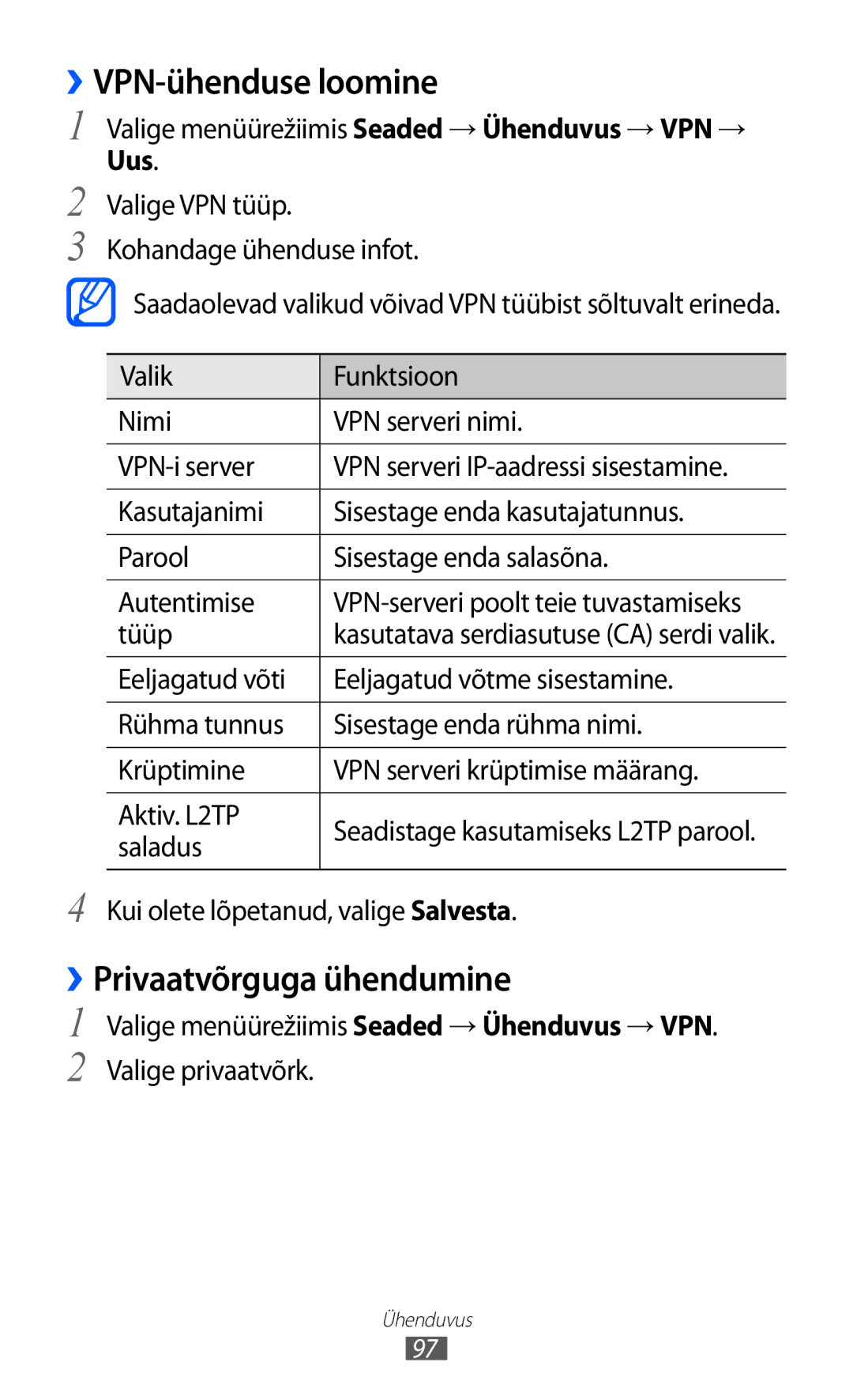 Samsung GT-S7230GRFSEB, GT-S7230TAESEB, GT-S7230GRESEB manual ››VPN-ühenduse loomine, ››Privaatvõrguga ühendumine, Uus 