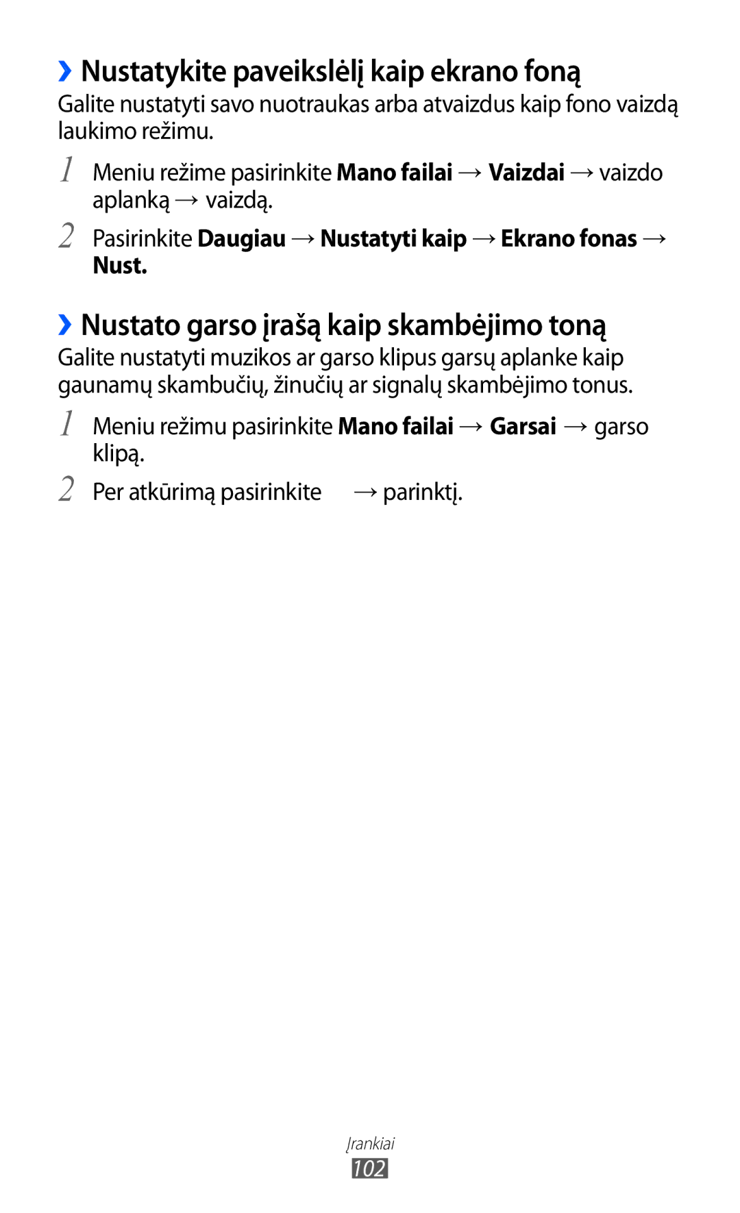 Samsung GT-S7230GRESEB manual ››Nustatykite paveikslėlį kaip ekrano foną, ››Nustato garso įrašą kaip skambėjimo toną, 102 