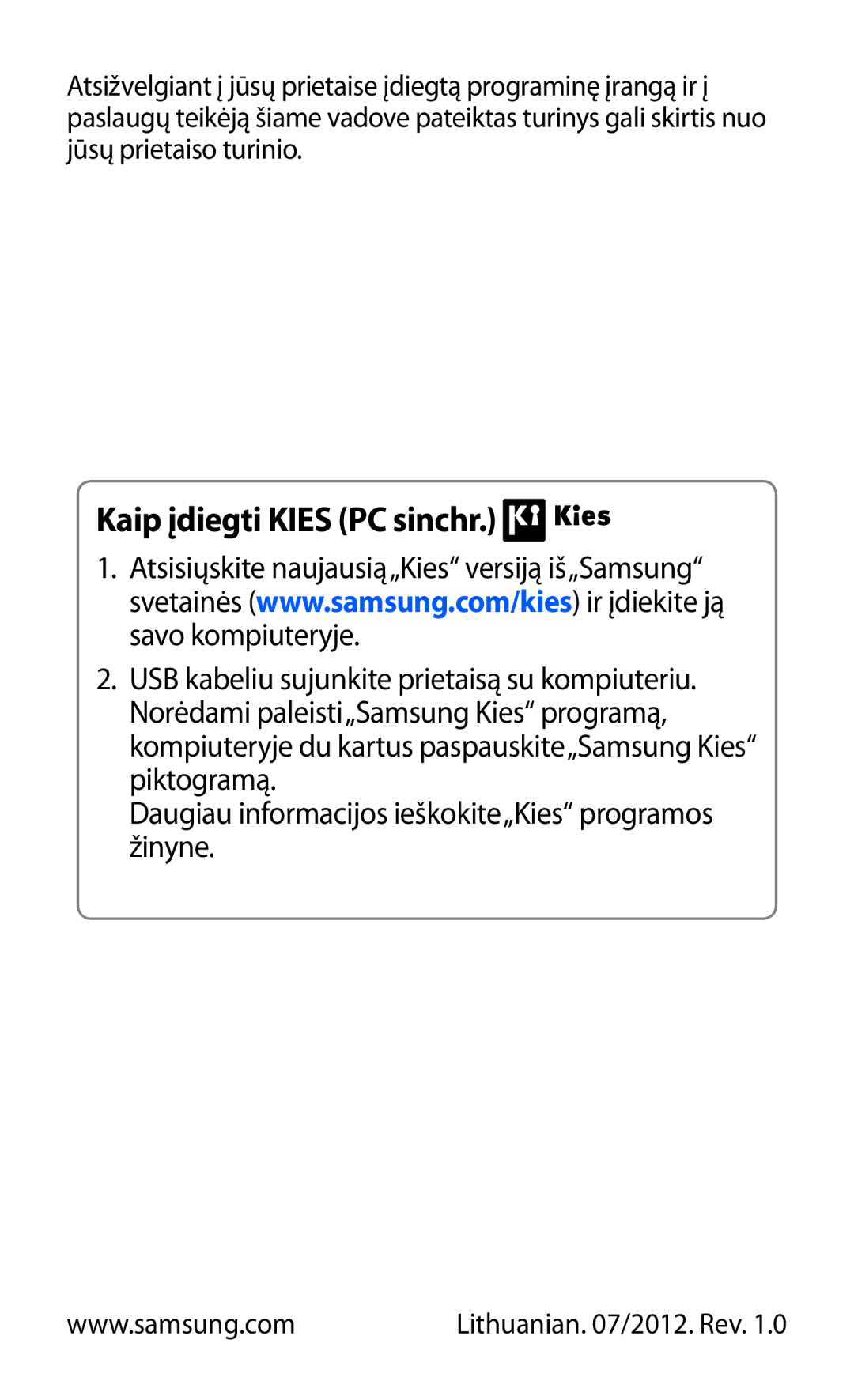 Samsung GT-S7230GRFSEB, GT-S7230TAESEB, GT-S7230GRESEB, GT-S7230DWESEB manual Kaip įdiegti Kies PC sinchr 