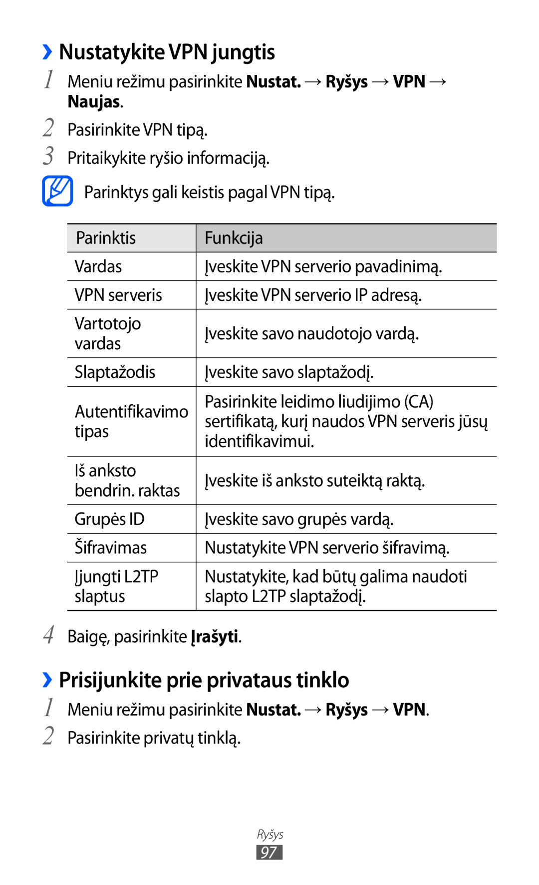 Samsung GT-S7230GRFSEB, GT-S7230TAESEB manual ››Nustatykite VPN jungtis, ››Prisijunkite prie privataus tinklo, Naujas 