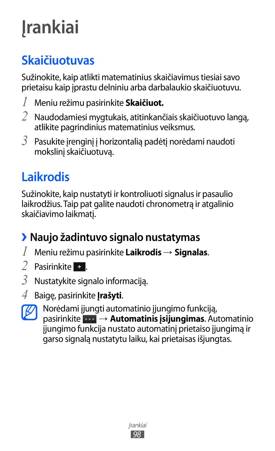 Samsung GT-S7230GRESEB, GT-S7230TAESEB manual Įrankiai, Skaičiuotuvas, Laikrodis, ››Naujo žadintuvo signalo nustatymas 