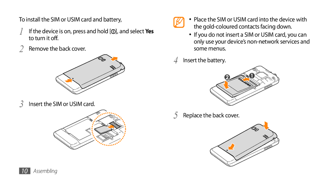 Samsung GT-S7230MKEVD2, GT-S7230TAEVD2 To install the SIM or Usim card and battery, To turn it off, Remove the back cover 