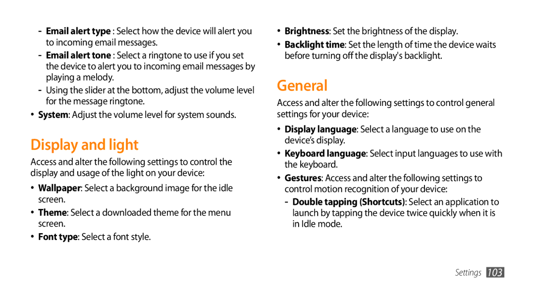 Samsung GT-S7230MKECYO, GT-S7230TAEVD2, GT-S7230TAEDTO, GT-S7230MKEVIA, GT-S7230TAEDBT manual Display and light, General 