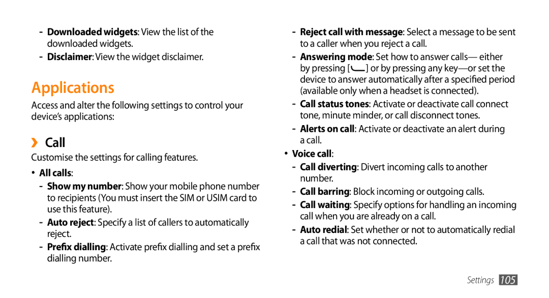 Samsung GT-S7230TAEVGR manual Applications, ›› Call, Downloaded widgets View the list of the downloaded widgets, All calls 