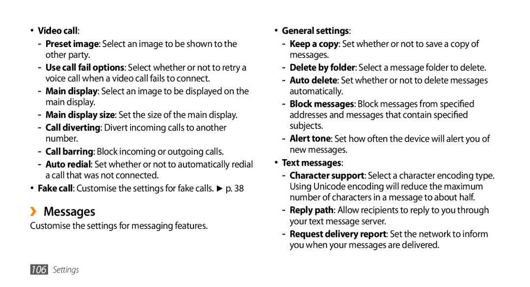 Samsung GT-S7230TAECYV, GT-S7230TAEVD2, GT-S7230TAEDTO manual ›› Messages, Video call, General settings, Text messages 