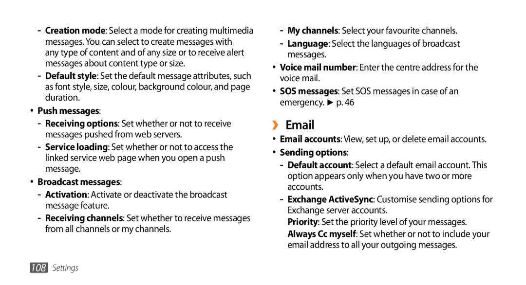 Samsung GT-S7230TAECYO, GT-S7230TAEVD2, GT-S7230TAEDTO, GT-S7230MKEVIA manual ›› Email, Push messages, Broadcast messages 