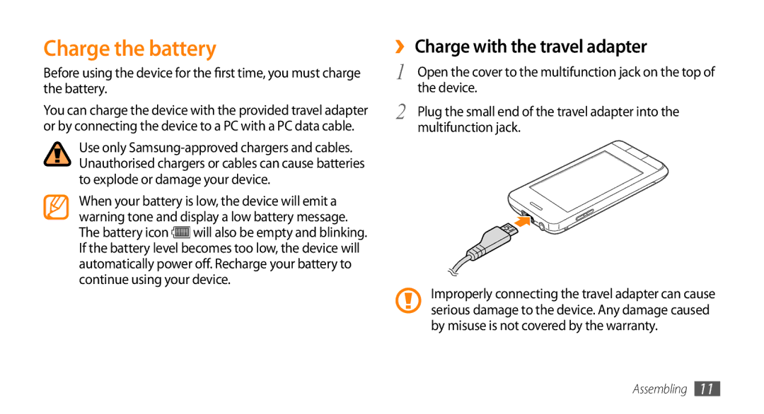 Samsung GT-S7230TAEVIA, GT-S7230TAEVD2 Charge the battery, ›› Charge with the travel adapter, Device, Multifunction jack 