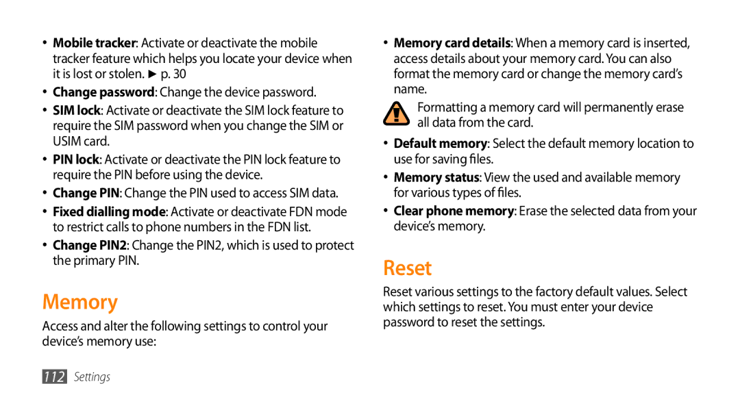 Samsung GT-S7230DWEEUR, GT-S7230TAEVD2, GT-S7230TAEDTO, GT-S7230MKEVIA, GT-S7230TAEDBT, GT-S7230MKEDBT manual Memory, Reset 