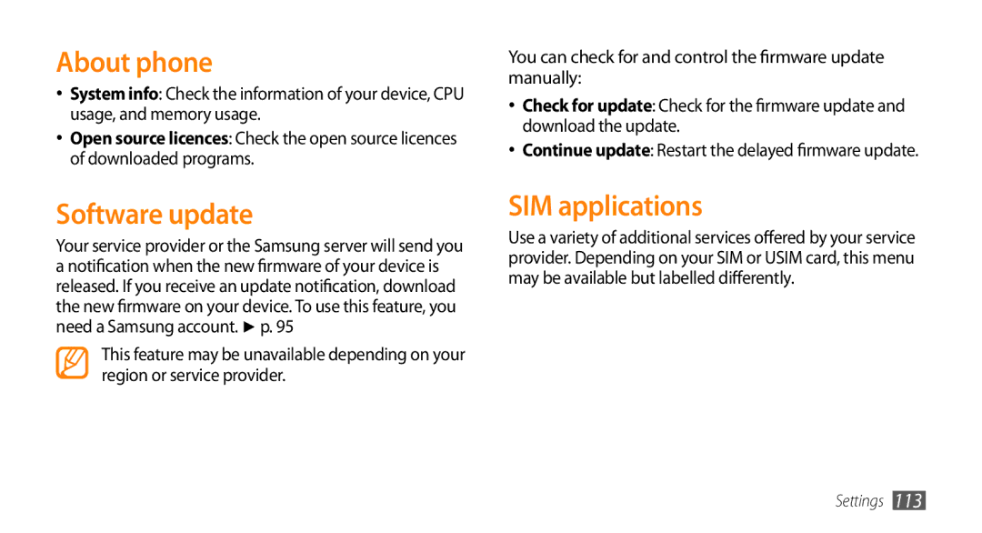 Samsung GT-S7230TAETMH, GT-S7230TAEVD2, GT-S7230TAEDTO, GT-S7230MKEVIA manual About phone, Software update, SIM applications 