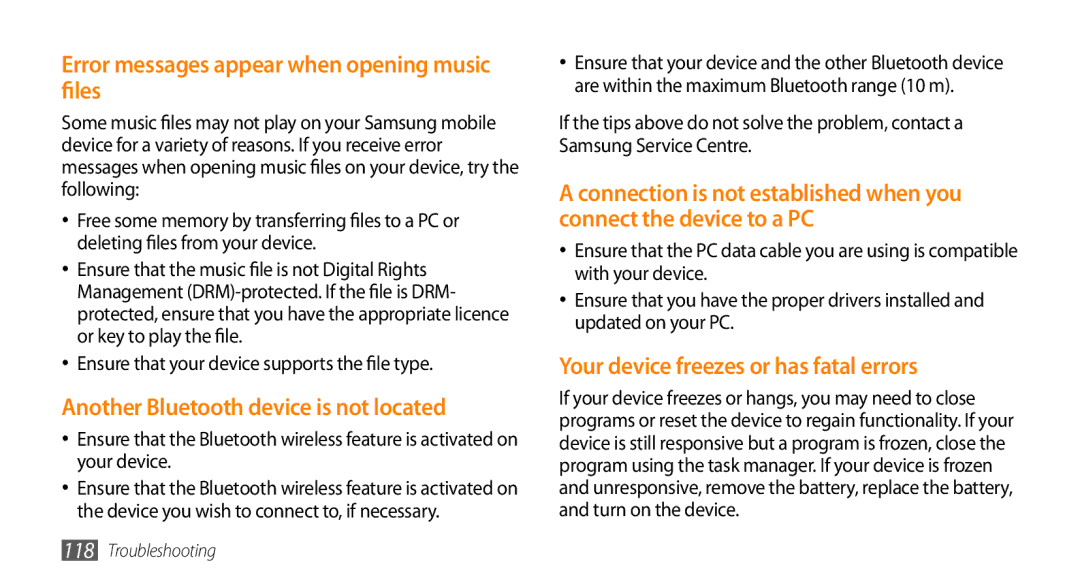 Samsung GT-S7230GREVDH manual Error messages appear when opening music files, Another Bluetooth device is not located 