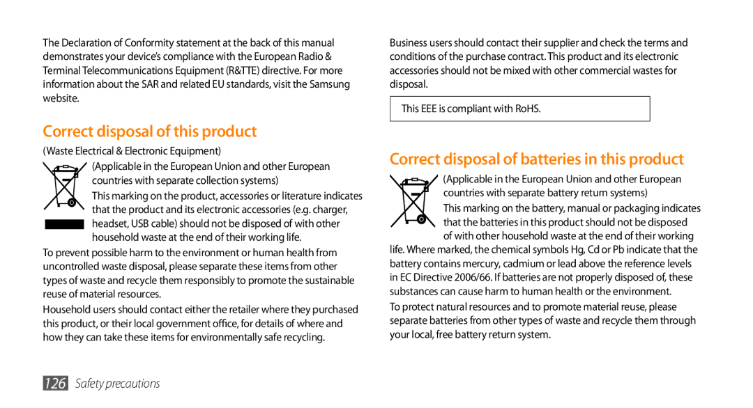 Samsung GT-S7230TAEERA, GT-S7230TAEVD2 Correct disposal of this product, Correct disposal of batteries in this product 