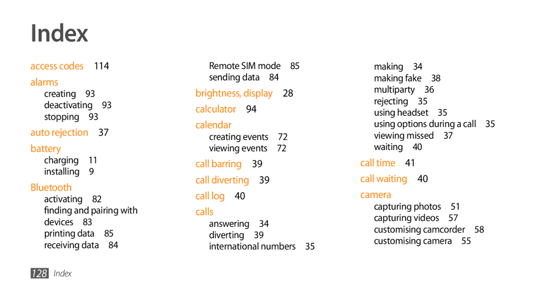 Samsung GT-S7230TAEVDH, GT-S7230TAEVD2, GT-S7230TAEDTO Index, Using options during a call 35 viewing missed 37 waiting  