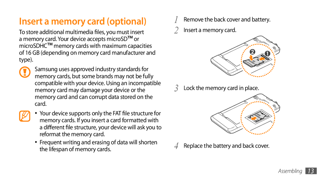 Samsung GT-S7230RIEVD2, GT-S7230TAEVD2, GT-S7230TAEDTO, GT-S7230MKEVIA, GT-S7230TAEDBT manual Insert a memory card optional 