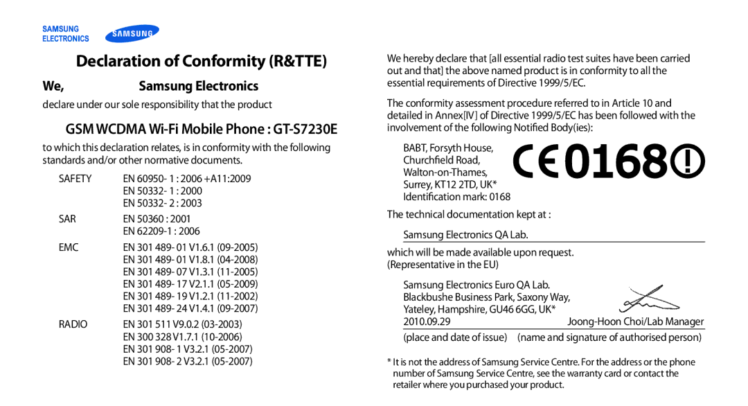 Samsung GT-S7230GRESER, GT-S7230TAEVD2 manual Declaration of Conformity R&TTE, GSM Wcdma Wi-Fi Mobile Phone GT-S7230E 