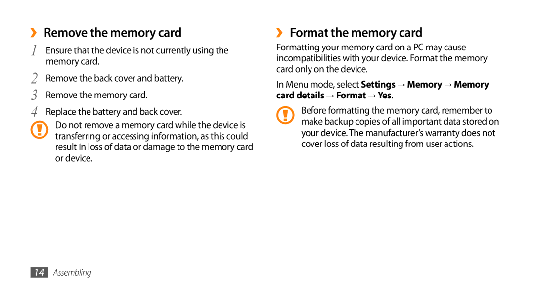 Samsung GT-S7230TAEBOG, GT-S7230TAEVD2, GT-S7230TAEDTO ›› Remove the memory card, ›› Format the memory card, Memory card 