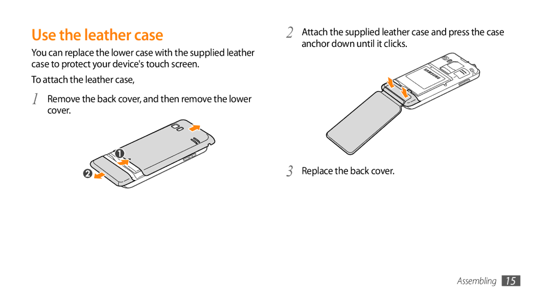 Samsung GT-S7230DWEXEF manual Use the leather case, To attach the leather case, Cover, Anchor down until it clicks 