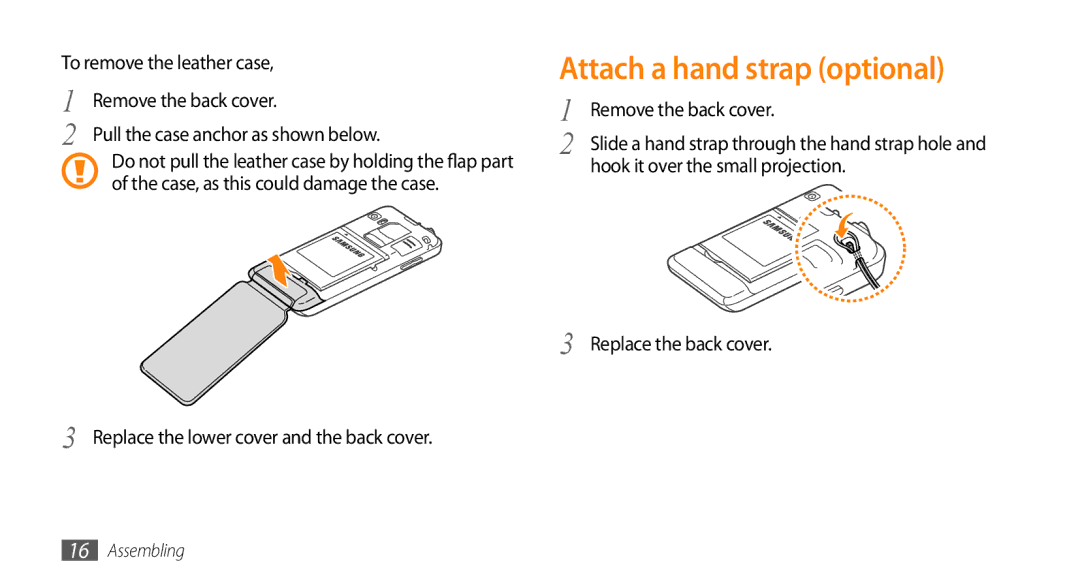 Samsung GT-S7230DWEBOG manual Attach a hand strap optional, To remove the leather case, Hook it over the small projection 