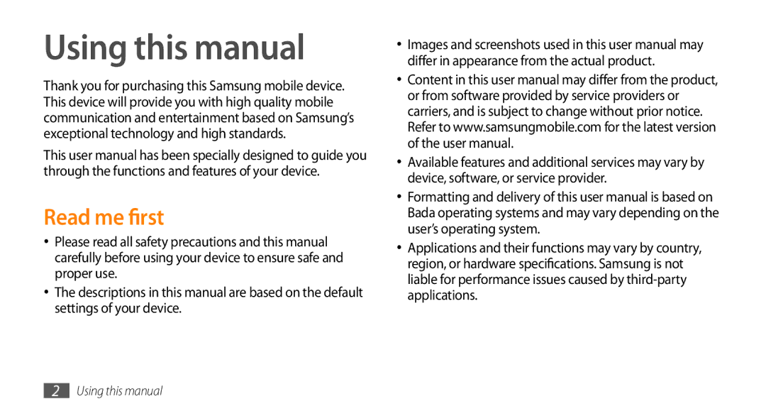 Samsung GT-S7230MKEVIA, GT-S7230TAEVD2, GT-S7230TAEDTO, GT-S7230TAEDBT, GT-S7230MKEDBT Using this manual, Read me first 