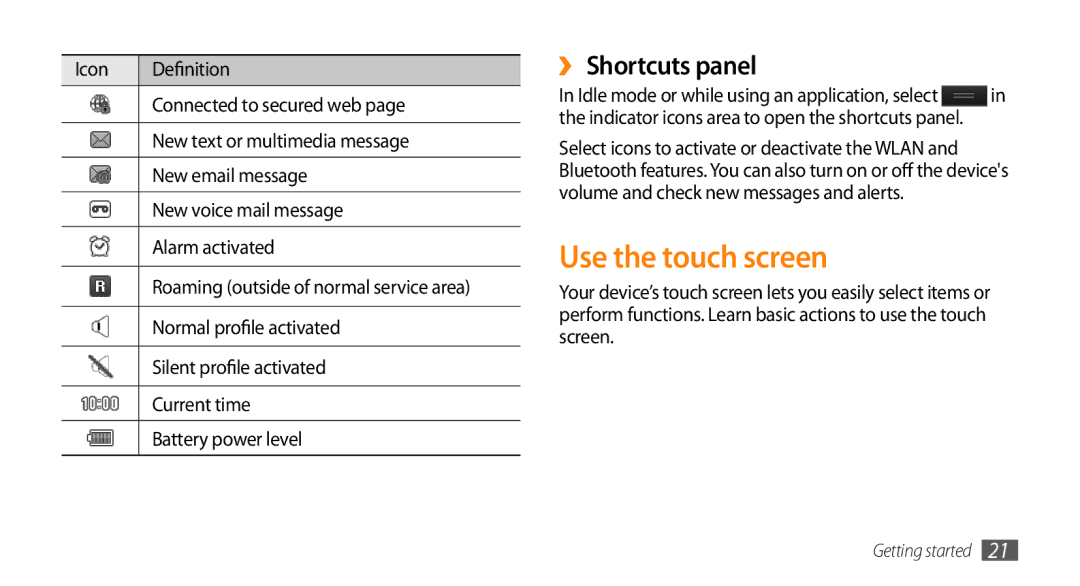 Samsung GT-S7230TAELPM, GT-S7230TAEVD2, GT-S7230TAEDTO, GT-S7230MKEVIA manual Use the touch screen, ›› Shortcuts panel 