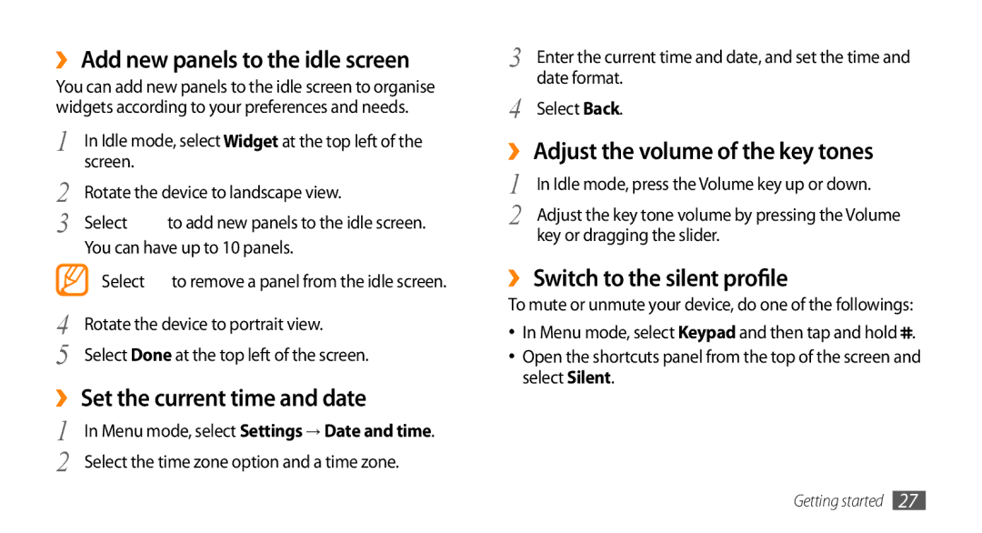 Samsung GT-S7230TAEVGF, GT-S7230TAEVD2 manual ›› Add new panels to the idle screen, ›› Set the current time and date 