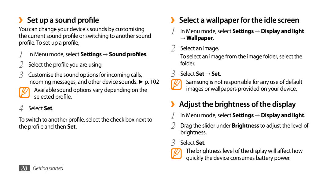 Samsung GT-S7230TAEFTM, GT-S7230TAEVD2 ›› Set up a sound profile, ›› Select a wallpaper for the idle screen, → Wallpaper 