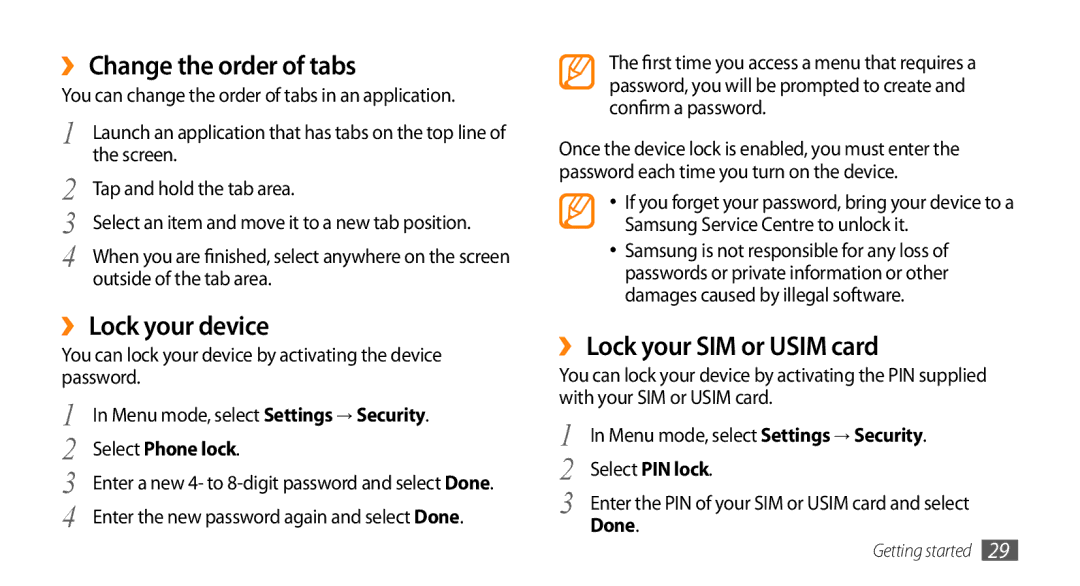 Samsung GT-S7230MKESFR ›› Change the order of tabs, ›› Lock your device, ›› Lock your SIM or Usim card, Select Phone lock 