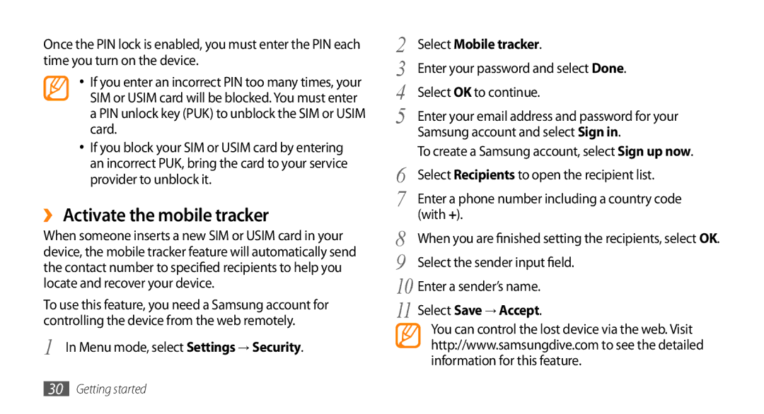 Samsung GT-S7230GRESFR manual ›› Activate the mobile tracker, Menu mode, select Settings → Security, Select Mobile tracker 