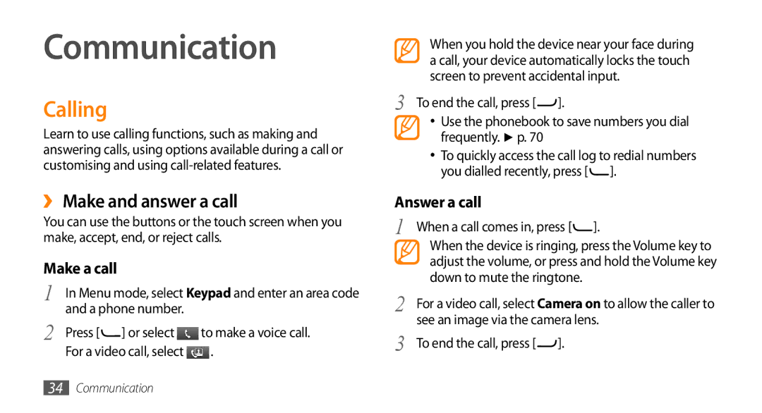 Samsung GT-S7230TAEXEF, GT-S7230TAEVD2 manual Communication, Calling, ›› Make and answer a call, Make a call, Answer a call 