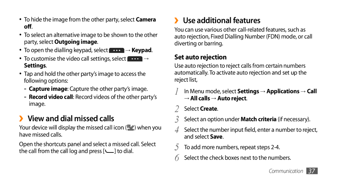 Samsung GT-S7230TAESFR, GT-S7230TAEVD2 manual ›› View and dial missed calls, ›› Use additional features, Set auto rejection 