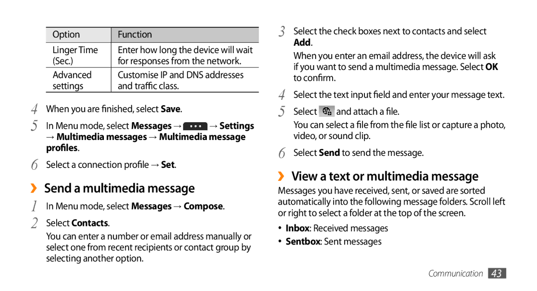 Samsung GT-S7230DWEIDE, GT-S7230TAEVD2 manual ›› Send a multimedia message, ›› View a text or multimedia message, Profiles 