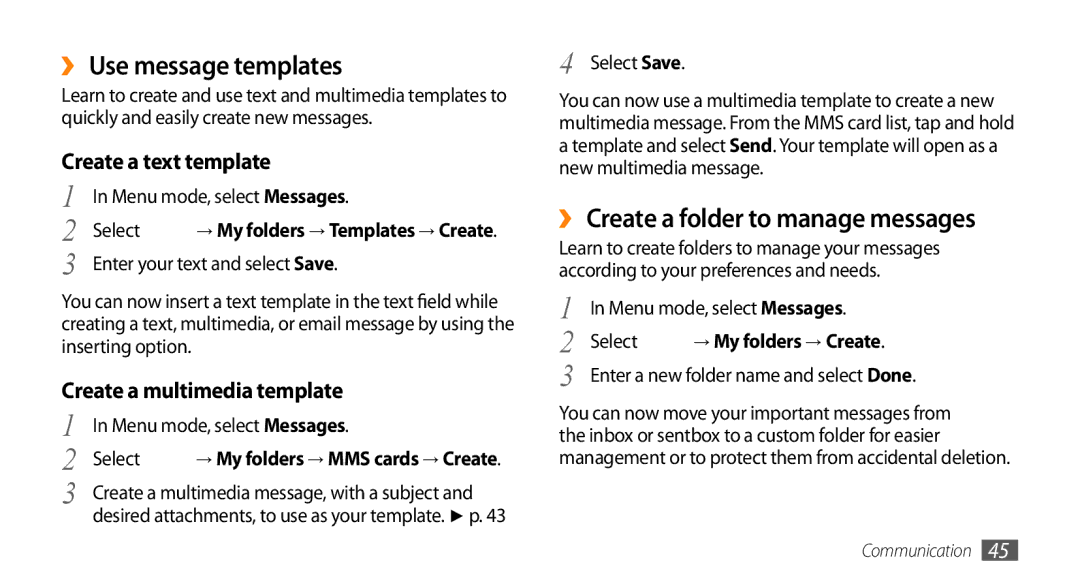 Samsung GT-S7230TAETIM manual ›› Use message templates, ›› Create a folder to manage messages, Create a text template 