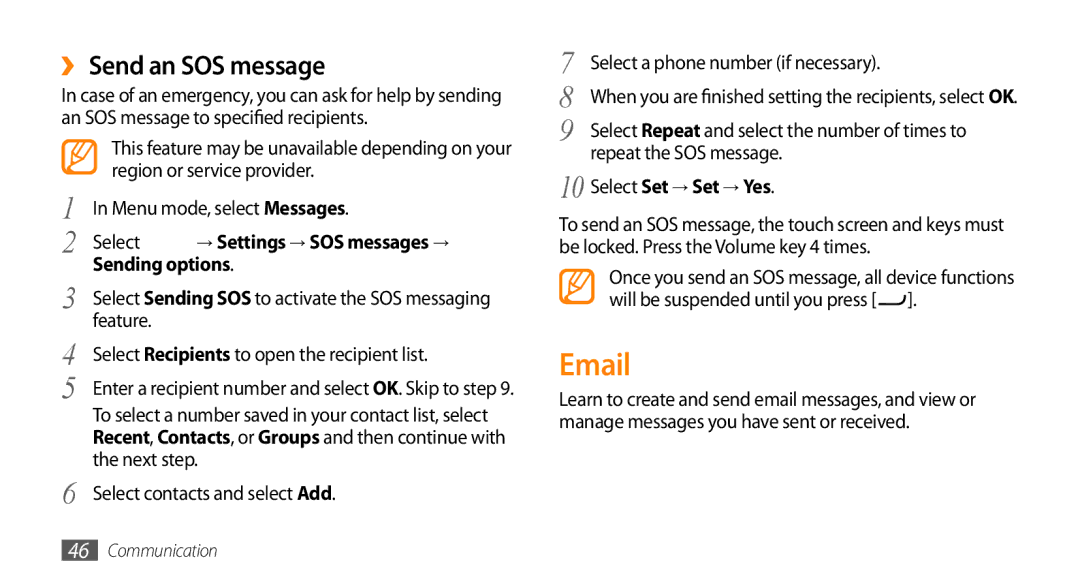 Samsung GT-S7230DWEITV manual ›› Send an SOS message, → Settings → SOS messages →, Sending options, Select Set → Set → Yes 