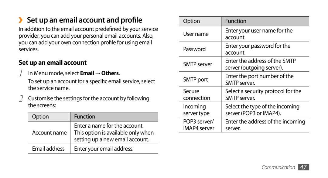 Samsung GT-S7230DWEXEC, GT-S7230TAEVD2, GT-S7230TAEDTO, GT-S7230MKEVIA, GT-S7230TAEDBT ›› Set up an email account and profile 