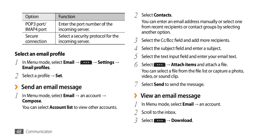 Samsung GT-S7230TAEFOP, GT-S7230TAEVD2 manual ›› Send an email message, ›› View an email message, Select an email profile 