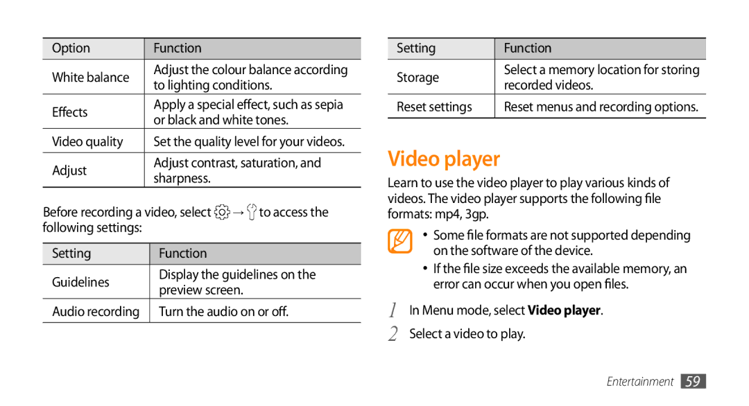 Samsung GT-S7230TAEATL, GT-S7230TAEVD2, GT-S7230TAEDTO, GT-S7230MKEVIA, GT-S7230TAEDBT, GT-S7230MKEDBT manual Video player 