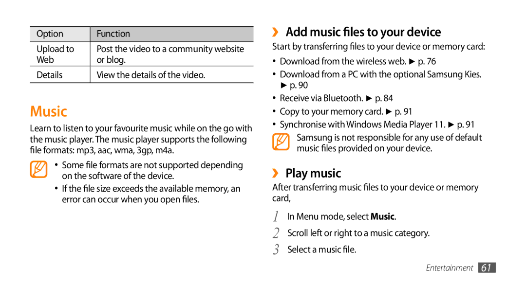 Samsung GT-S7230DWEAMN, GT-S7230TAEVD2, GT-S7230TAEDTO manual Music, ›› Add music files to your device, ›› Play music 