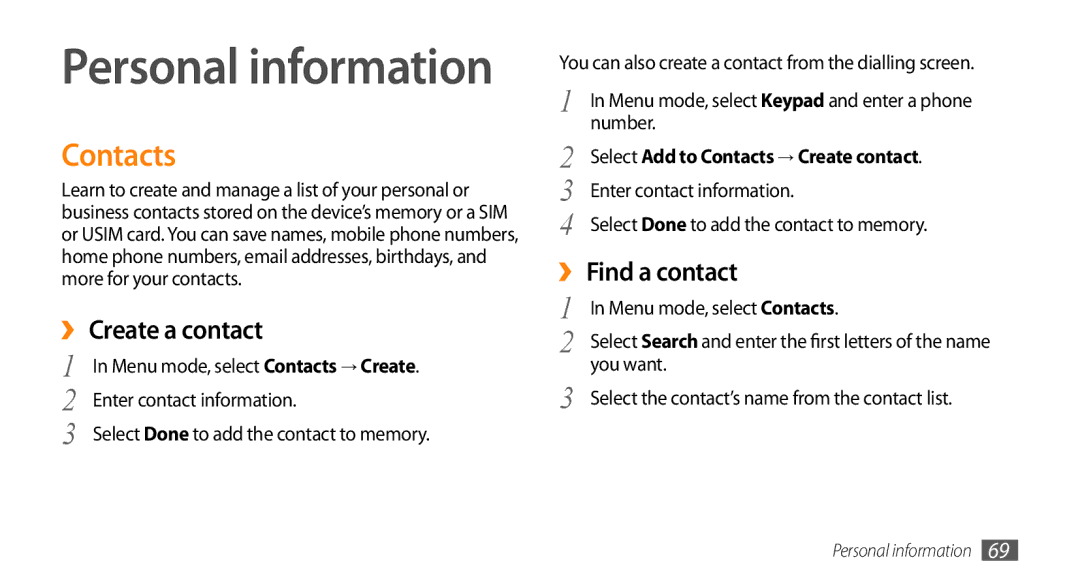 Samsung GT-S7230TAAGBL, GT-S7230TAEVD2, GT-S7230TAEDTO, GT-S7230MKEVIA manual Contacts, ›› Create a contact, ›› Find a contact 