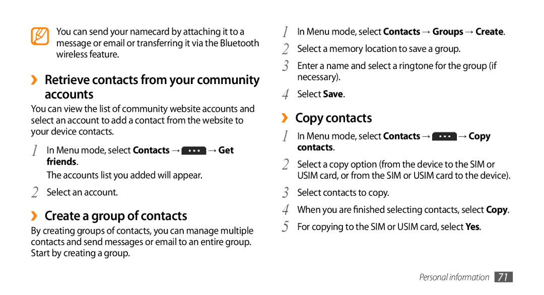 Samsung GT-S7230GRETRA, GT-S7230TAEVD2, GT-S7230TAEDTO manual Accounts, ›› Create a group of contacts, ›› Copy contacts 