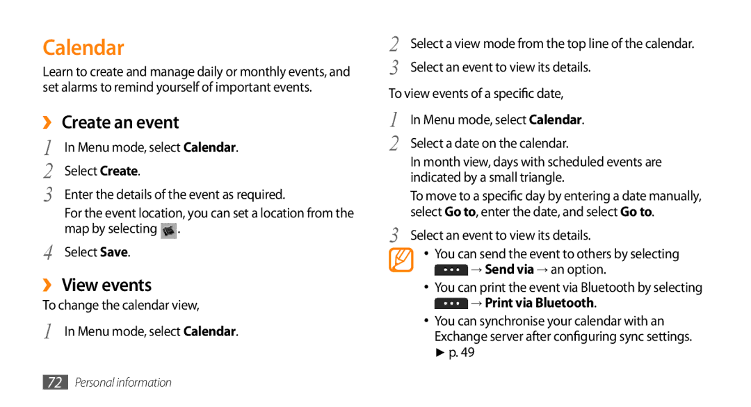 Samsung GT-S7230TAETWO, GT-S7230TAEVD2, GT-S7230TAEDTO Calendar, ›› Create an event, ›› View events, → Print via Bluetooth 