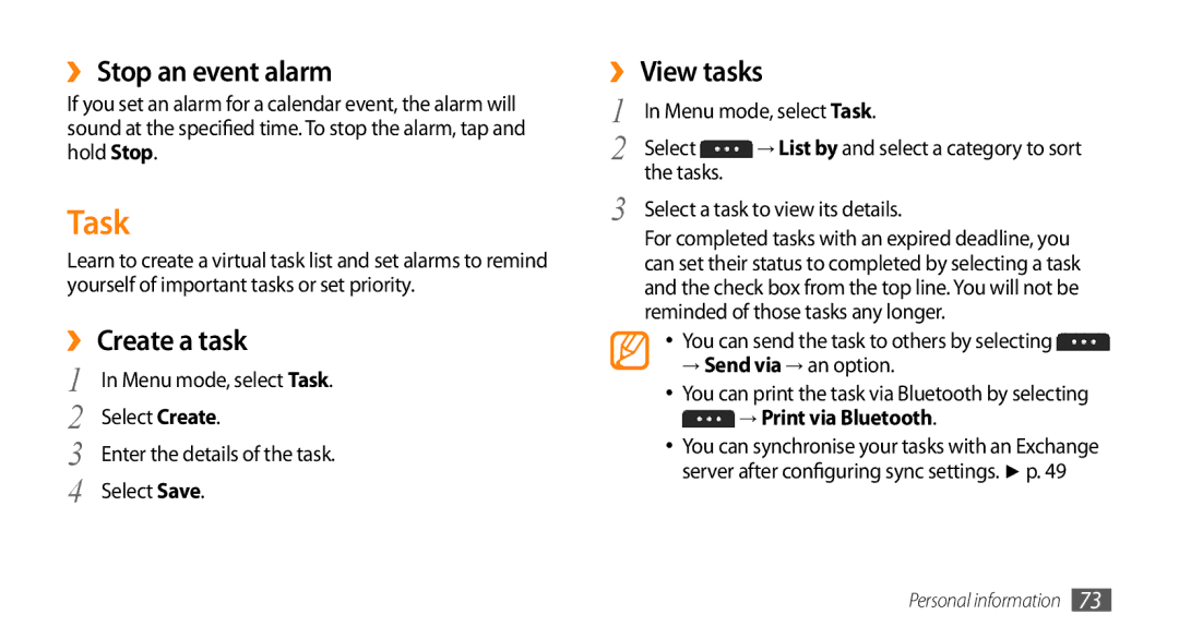 Samsung GT-S7230TAETRA, GT-S7230TAEVD2, GT-S7230TAEDTO manual Task, ›› Stop an event alarm, ›› Create a task, ›› View tasks 