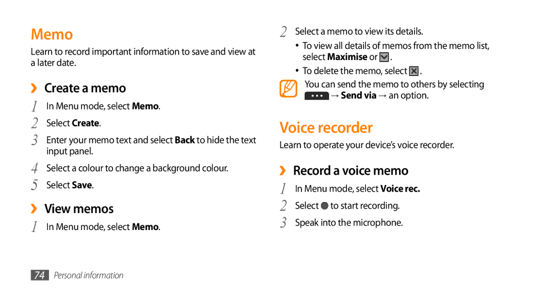 Samsung GT-S7230GREVIP, GT-S7230TAEVD2 manual Memo, Voice recorder, ›› Create a memo, ›› View memos, ›› Record a voice memo 