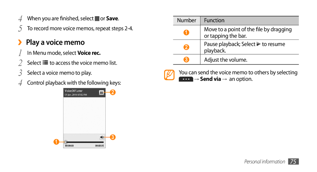 Samsung GT-S7230MKETRA, GT-S7230TAEVD2, GT-S7230TAEDTO, GT-S7230MKEVIA ›› Play a voice memo, Select a voice memo to play 