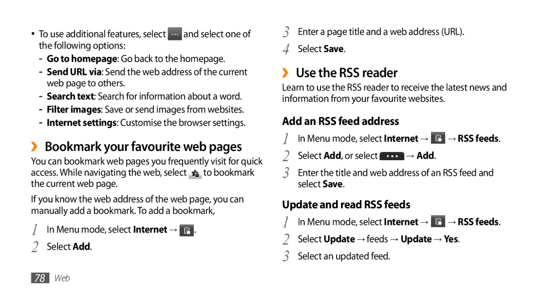 Samsung GT-S7230MKEVIP manual ›› Bookmark your favourite web pages, ›› Use the RSS reader, Add an RSS feed address 