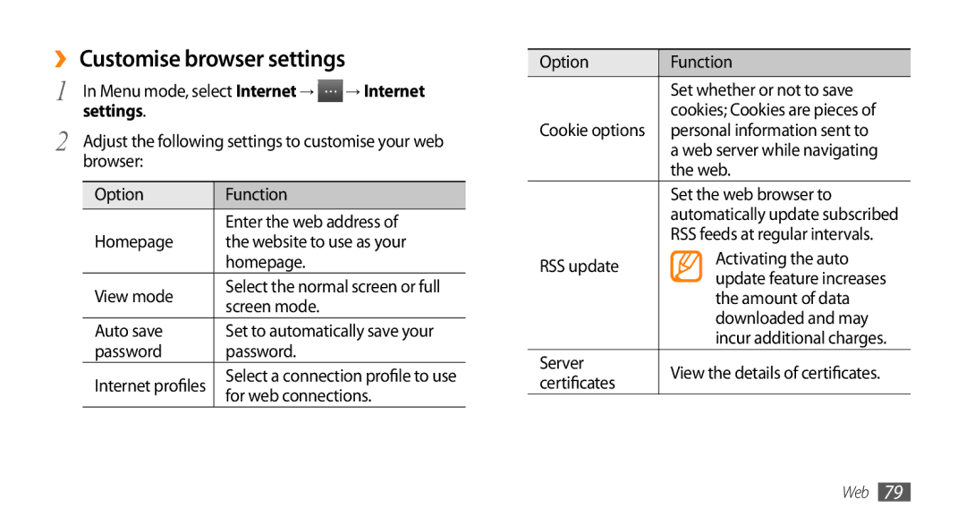 Samsung GT-S7230TAEVIP, GT-S7230TAEVD2, GT-S7230TAEDTO, GT-S7230MKEVIA manual ›› Customise browser settings, Settings 